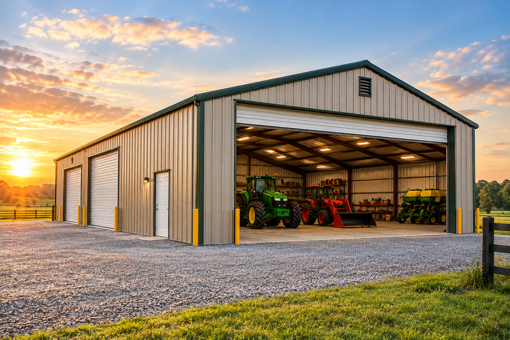 Spacious metal farm building storing tractors and agricultural equipment with wide access doors and organized interior storage.